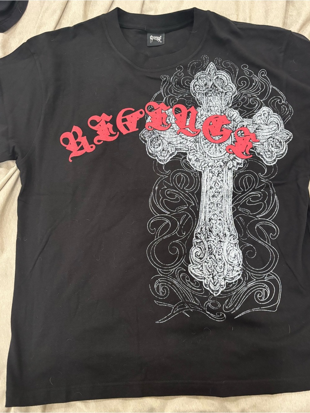 Revenge men’s  Tee with Red Script & Silver Cross Graphic
